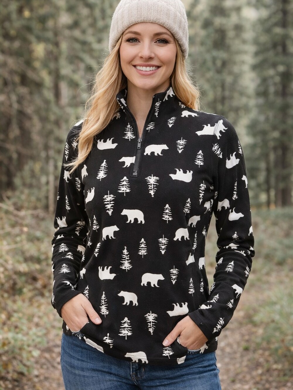 Eddie Bauer Bear Print Pullover Quarter Zip XS